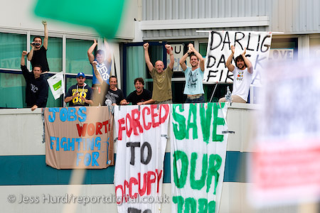 Protesters celebrate a victory at the Vestas eviction court hearing. Occupation at the wind turbine plant, Isle of Wight.
© Jess Hurd/reportdigital.co.uk
Tel: 01789-262151/07831-121483  
info@reportdigital.co.uk  
NUJ recommended terms & conditions apply. Moral rights asserted under Copyright Designs & Patents Act 1988. Credit is required. No part of this photo to be stored, reproduced, manipulated or transmitted by any means without permission.