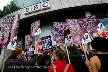 Unite Against Fascism demonstration opposing the invitation of BNP leader Nick Griffin on Question Time. BBC Television Centre, White City.
© Jess Hurd/reportdigital.co.uk
Tel: 01789-262151/07831-121483  
info@reportdigital.co.uk  
NUJ recommended terms & conditions apply. Moral rights asserted under Copyright Designs & Patents Act 1988. Credit is required. No part of this photo to be stored, reproduced, manipulated or transmitted by any means without permission.
