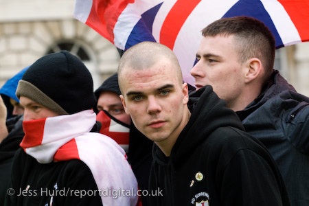English Defence League march in support of the Dutch Islamophobic politician Geert Wilders who was a guest of UKIP at the Houses of Parliament. London.

© Jess Hurd/reportdigital.co.uk
Tel: 01789-262151/07831-121483  
info@reportdigital.co.uk  
NUJ recommended terms & conditions apply. Moral rights asserted under Copyright Designs & Patents Act 1988. Credit is required. No part of this photo to be stored, reproduced, manipulated or transmitted by any means without permission.