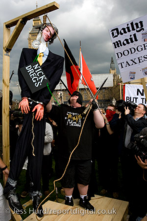An effigy of Nick Clegg, Liberal Democrat is hung in Parliament Square during a Mayday demonstration in central London. 

© Jess Hurd/reportdigital.co.uk
Tel: 01789-262151/07831-121483  
info@reportdigital.co.uk  
NUJ recommended terms & conditions apply. Moral rights asserted under Copyright Designs & Patents Act 1988. Credit is required. No part of this photo to be stored, reproduced, manipulated or transmitted by any means without permission.