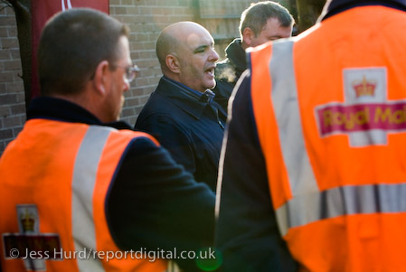 Union offical at a mass meeting on the picket line. CWU Postal workers strike against jobs, conditions and threats to the service. Bow Delivery Office, Tower Hamlets. London
© Jess Hurd/reportdigital.co.uk
Tel: 01789-262151/07831-121483  
info@reportdigital.co.uk  
NUJ recommended terms & conditions apply. Moral rights asserted under Copyright Designs & Patents Act 1988. Credit is required. No part of this photo to be stored, reproduced, manipulated or transmitted by any means without permission.