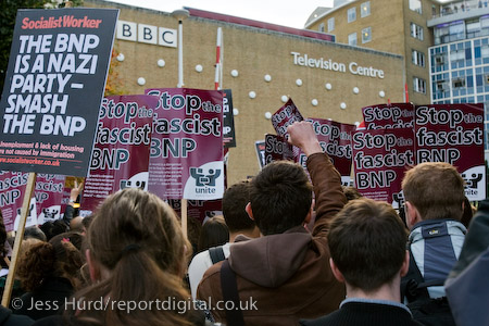 Unite Against Fascism demonstration opposing the invitation of BNP leader Nick Griffin on Question Time. BBC Television Centre, White City.
© Jess Hurd/reportdigital.co.uk
Tel: 01789-262151/07831-121483  
info@reportdigital.co.uk  
NUJ recommended terms & conditions apply. Moral rights asserted under Copyright Designs & Patents Act 1988. Credit is required. No part of this photo to be stored, reproduced, manipulated or transmitted by any means without permission.