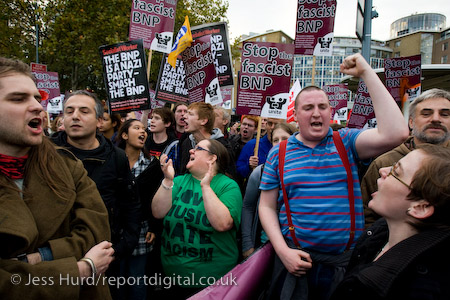 Unite Against Fascism demonstration opposing the invitation of BNP leader Nick Griffin on Question Time. BBC Television Centre, White City.
© Jess Hurd/reportdigital.co.uk
Tel: 01789-262151/07831-121483  
info@reportdigital.co.uk  
NUJ recommended terms & conditions apply. Moral rights asserted under Copyright Designs & Patents Act 1988. Credit is required. No part of this photo to be stored, reproduced, manipulated or transmitted by any means without permission.