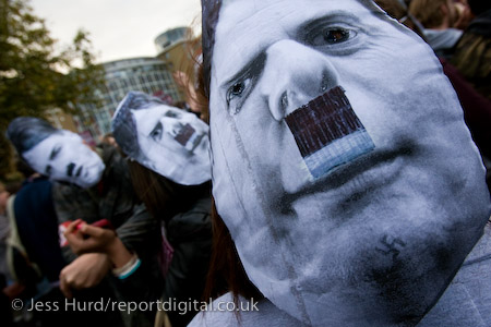 Nick Griffin Adolf Hilter mask. Unite Against Fascism demonstration opposing the invitation of BNP leader Nick Griffin on Question Time. BBC Television Centre, White City.
© Jess Hurd/reportdigital.co.uk
Tel: 01789-262151/07831-121483  
info@reportdigital.co.uk  
NUJ recommended terms & conditions apply. Moral rights asserted under Copyright Designs & Patents Act 1988. Credit is required. No part of this photo to be stored, reproduced, manipulated or transmitted by any means without permission.