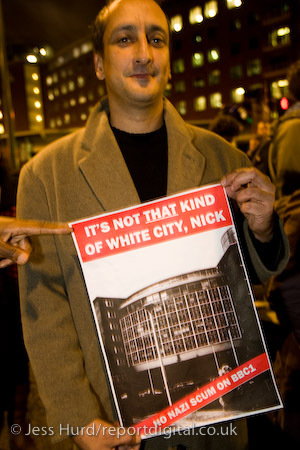 Unite Against Fascism demonstration opposing the invitation of BNP leader Nick Griffin on Question Time. BBC Television Centre, White City.
© Jess Hurd/reportdigital.co.uk
Tel: 01789-262151/07831-121483  
info@reportdigital.co.uk  
NUJ recommended terms & conditions apply. Moral rights asserted under Copyright Designs & Patents Act 1988. Credit is required. No part of this photo to be stored, reproduced, manipulated or transmitted by any means without permission.