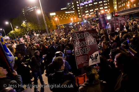 Unite Against Fascism demonstration opposing the invitation of BNP leader Nick Griffin on Question Time. BBC Television Centre, White City.
© Jess Hurd/reportdigital.co.uk
Tel: 01789-262151/07831-121483  
info@reportdigital.co.uk  
NUJ recommended terms & conditions apply. Moral rights asserted under Copyright Designs & Patents Act 1988. Credit is required. No part of this photo to be stored, reproduced, manipulated or transmitted by any means without permission.