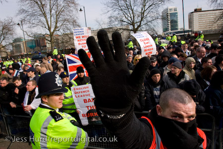 English Defence League march in support of the Dutch Islamophobic politician Geert Wilders who was a guest of UKIP at the Houses of Parliament. London.

© Jess Hurd/reportdigital.co.uk
Tel: 01789-262151/07831-121483  
info@reportdigital.co.uk  
NUJ recommended terms & conditions apply. Moral rights asserted under Copyright Designs & Patents Act 1988. Credit is required. No part of this photo to be stored, reproduced, manipulated or transmitted by any means without permission.