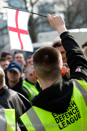 English Defence League march in support of the Dutch Islamophobic politician Geert Wilders who was a guest of UKIP at the Houses of Parliament. London.

© Jess Hurd/reportdigital.co.uk
Tel: 01789-262151/07831-121483  
info@reportdigital.co.uk  
NUJ recommended terms & conditions apply. Moral rights asserted under Copyright Designs & Patents Act 1988. Credit is required. No part of this photo to be stored, reproduced, manipulated or transmitted by any means without permission.