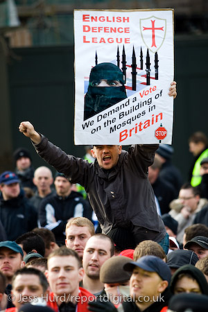English Defence League march in support of the Dutch Islamophobic politician Geert Wilders who was a guest of UKIP at the Houses of Parliament. London.

© Jess Hurd/reportdigital.co.uk
Tel: 01789-262151/07831-121483  
info@reportdigital.co.uk  
NUJ recommended terms & conditions apply. Moral rights asserted under Copyright Designs & Patents Act 1988. Credit is required. No part of this photo to be stored, reproduced, manipulated or transmitted by any means without permission.