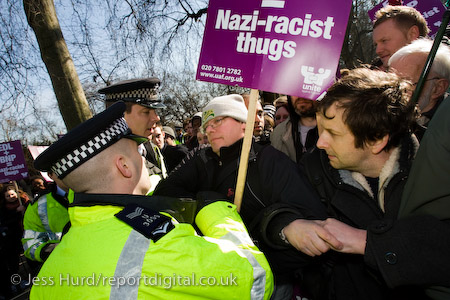 UAF protesters are arrested by the police as the English Defence League march in support of the Dutch Islamophobic politician Geert Wilders who was a guest of UKIP at the Houses of Parliament. London.

© Jess Hurd/reportdigital.co.uk
Tel: 01789-262151/07831-121483  
info@reportdigital.co.uk  
NUJ recommended terms & conditions apply. Moral rights asserted under Copyright Designs & Patents Act 1988. Credit is required. No part of this photo to be stored, reproduced, manipulated or transmitted by any means without permission.