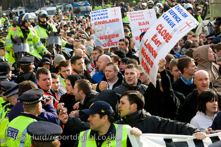 Close East London Mosque placard. English Defence League march in support of the Dutch Islamophobic politician Geert Wilders who was a guest of UKIP at the Houses of Parliament. London.

© Jess Hurd/reportdigital.co.uk
Tel: 01789-262151/07831-121483  
info@reportdigital.co.uk  
NUJ recommended terms & conditions apply. Moral rights asserted under Copyright Designs & Patents Act 1988. Credit is required. No part of this photo to be stored, reproduced, manipulated or transmitted by any means without permission.